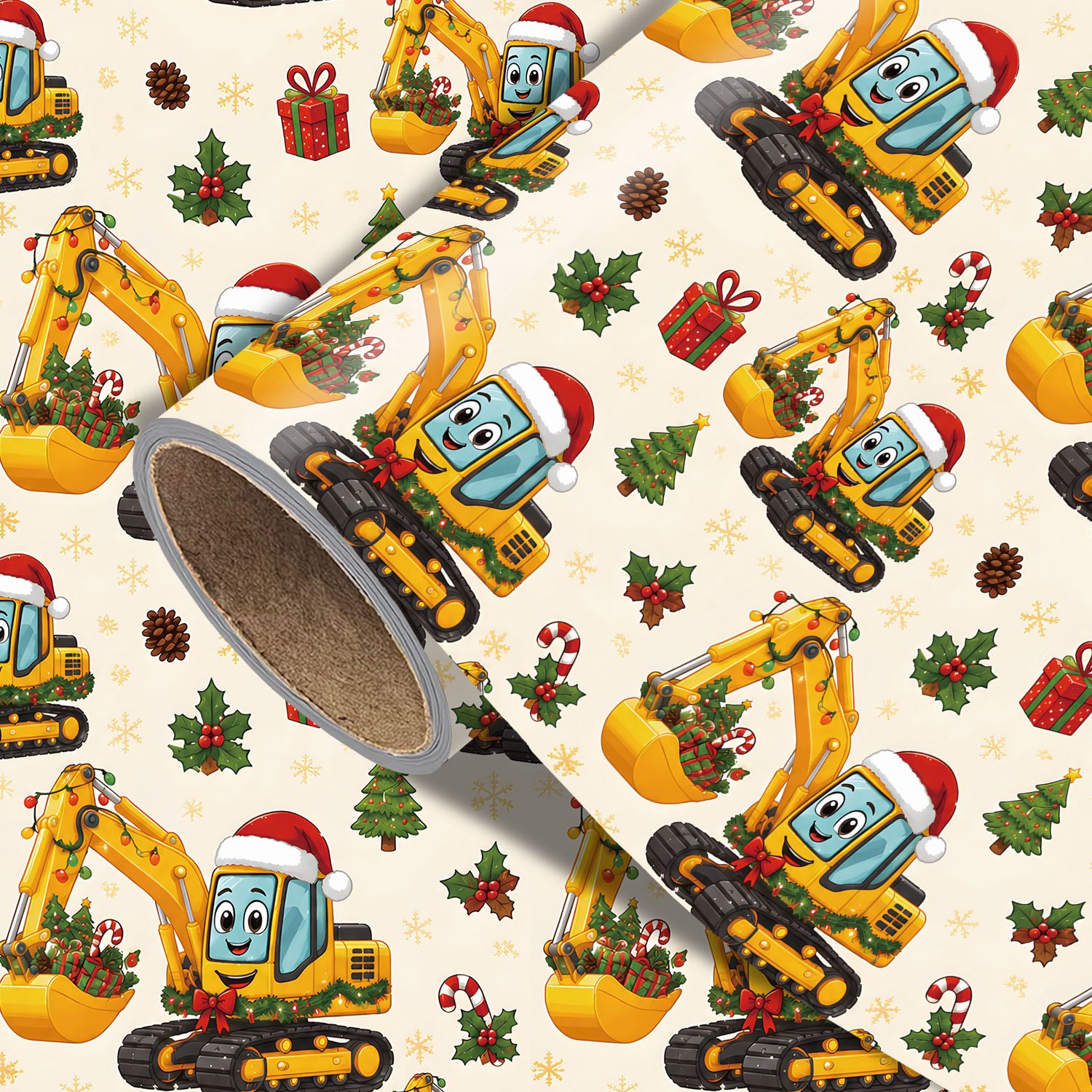 TEMU Roll Funny -themed Wrapping Paper With Cartoon Excavator & Santa Hat Print - Single-sided Suitable For Xmas Gifts, Birthday Party Decorations,