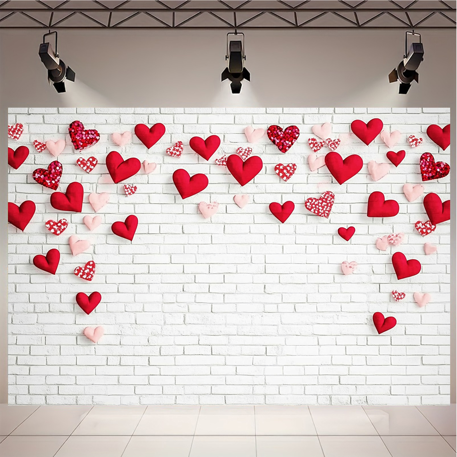 

Valentine's Day Romantic White Brick Wall Photography Backdrop With Heart - Polyester, No Power Needed, Birthday & Parties