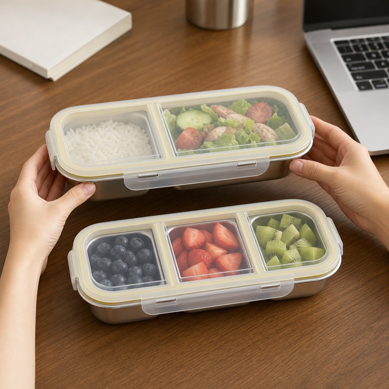 TEMU 1/2 Pack 304 Stainless Steel Bento Boxes, 2/3compartments Divided Lunch Box With Lid, Stainless Steel Food Stroage Container, Freezer Safe