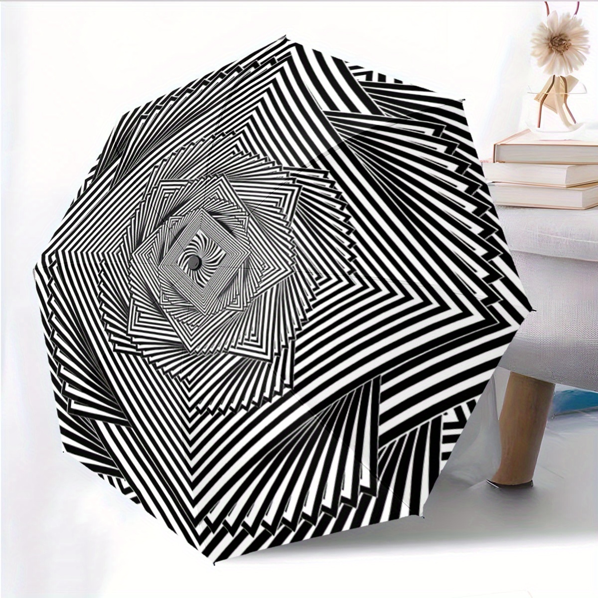 Automatic Open/Close Umbrella with One-Touch Button - Instant Open/Close, Compact Folding Design, Portable Collapsible Umbrella with 8-Rib Stability for Wind Resistance - All-Season Everyday & Formal Use - Ideal Gift for Christmas, Birthday, Travel - Black & White Optical Illusion Pattern, Outdoor Accessory, Modern Accessory, Durable Canopy, Fashion Lovers, Best for Christmas