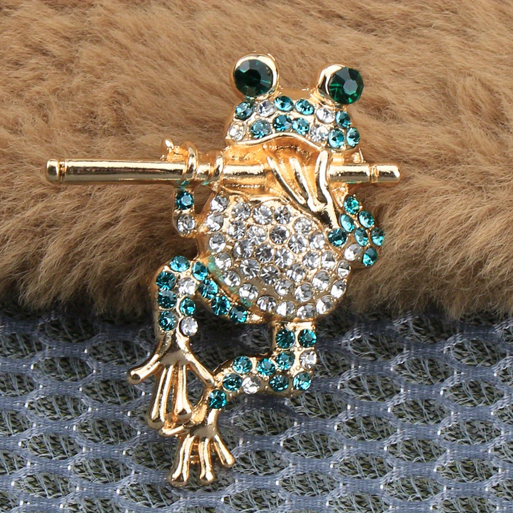 

Vintage-inspired Frog Flute Brooch With Sparkling Rhinestones - Unique Enamel Pin For Women, Perfect Accessory Gift