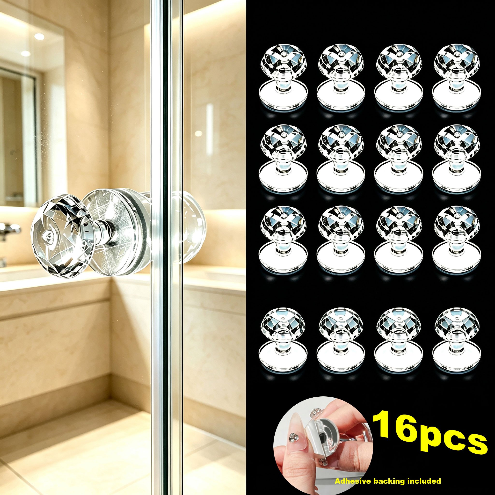 TEMU 16pcs No-drill Adhesive Door Handles, Self-adhesive Traceless Drawer Pulls, Suitable For Glass Sliding Doors, Windows, Cabinets, No-drill
