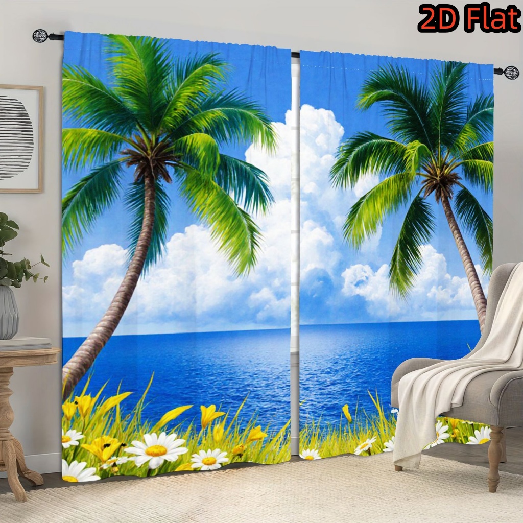 Image of 2d Flat, 2d Flat 2pcs Tree Beach Scene Light Filtering Curtains With Blue Ocean And , Decor, Rod , Curtains For Room Bedroom Study Decoration, 2d Flat