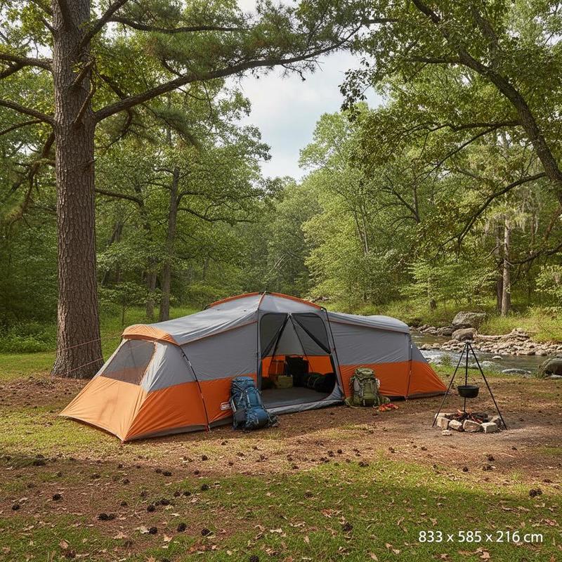 Family Tent, Gray And Orange, Material, Overall Size 833x585x216cm, 16 People With 5 Rooms, Fiberglass Poles, Steel Poles, Stakes, Guy Lines & Carry Bag