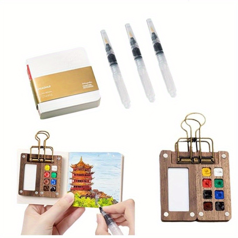 TEMU 5pcs Portable Watercolor Set | Palette & Brushes, Upgraded Pocket For Painting, Includes 5 Brushes & 5 Colors, For Outdoor Sketching & Art