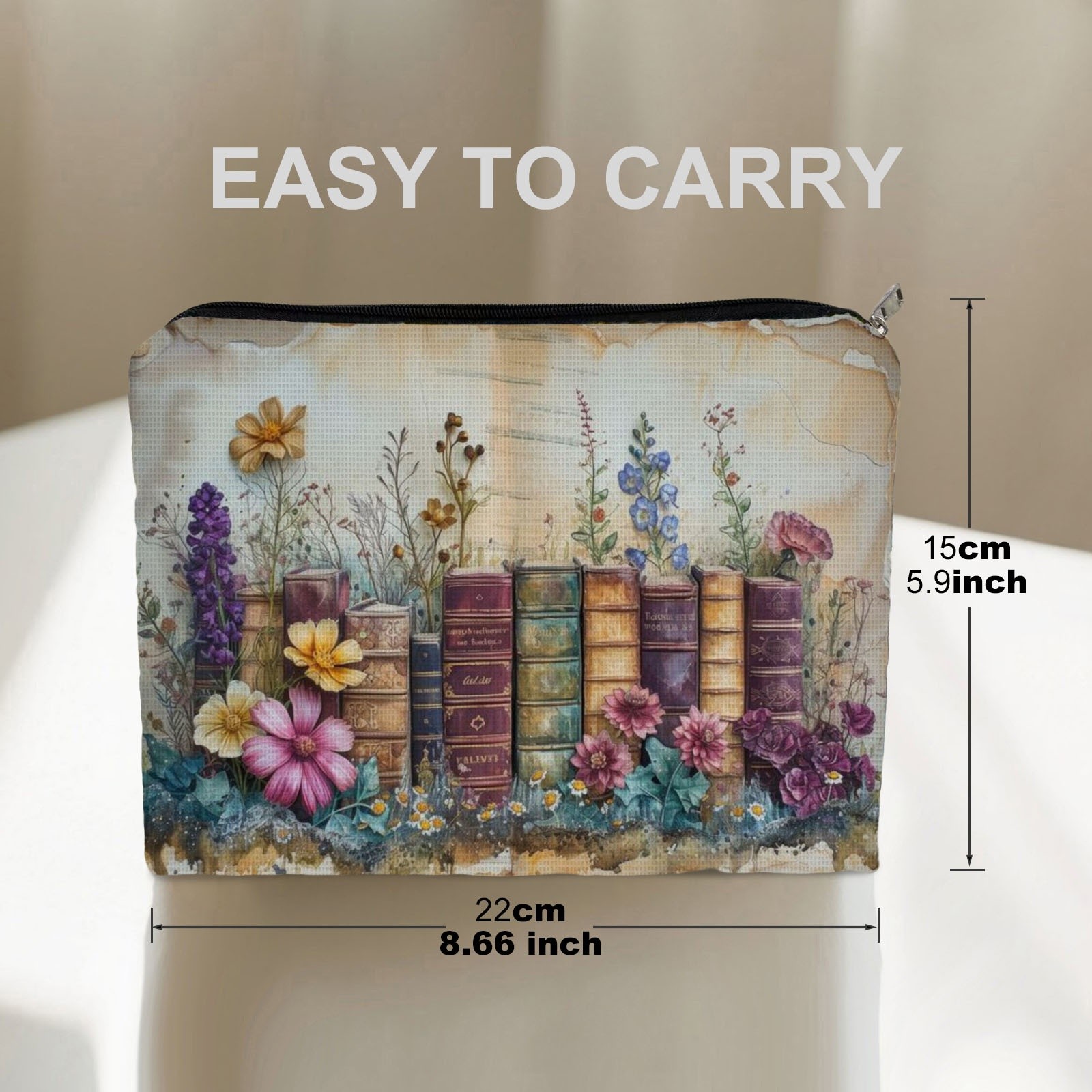 TEMU 1 Vintage Book And Flower Cosmetic Pouch, Measuring 8.66 Inches By 5.9 Inches, Featuring A Double-sided Design Made Of Polyester, Perfect For ,