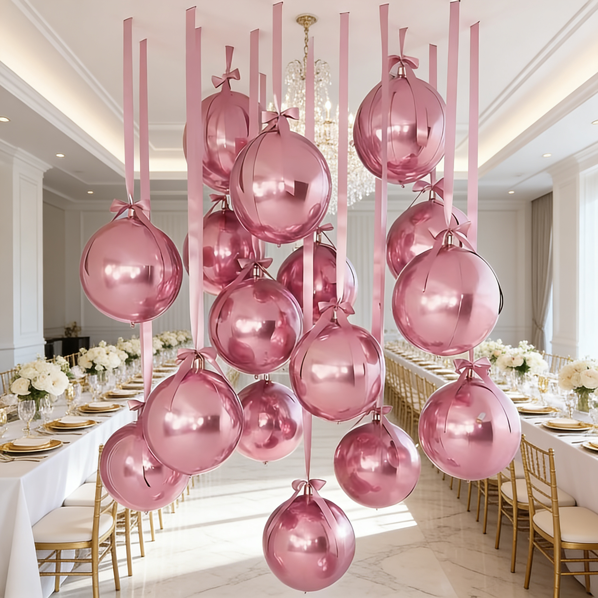 Image of 18-pack Pink Round Foil Balloon Set With Pink Satin Ribbon, For Ceiling Valentine's Day Decorations, New Year, Birthdays, Anniversaries, Wedding Party Decorations.