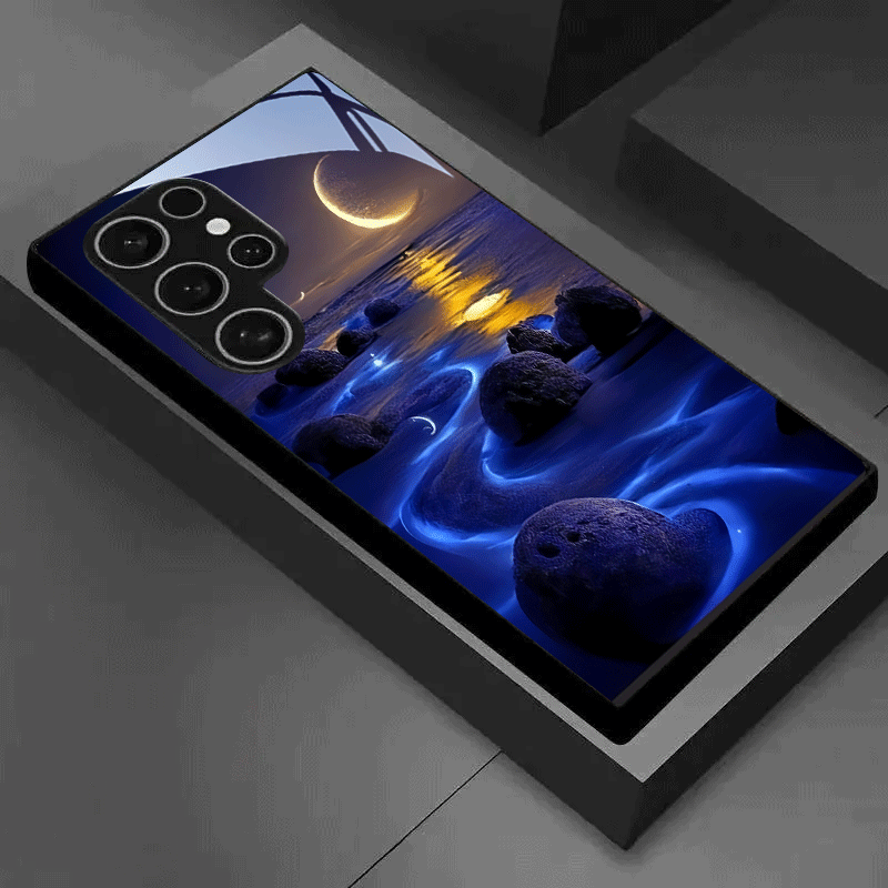 TEMU Phone Case: Blue Beach Art Pattern Tempered Glass Phone Case In Black For Galaxy S25/s24/s23/s22/s21/s20/note