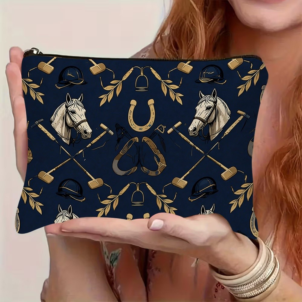 TEMU Double-sided Printed Makeup Bag, 1pc High-end Vintage With Zipper, Large-capacity Cosmetic Pouch Featuring Horse Head And Ball Elements, Easy To