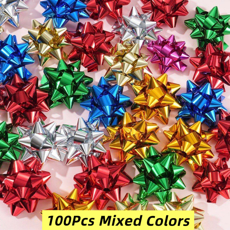 TEMU 100pcs Self-adhesive Gift Flowers Decoration, Mixed Colors Star Gift Bows, Foil Gift Toppers For Christmas, Holiday, Birthday & Wedding Package