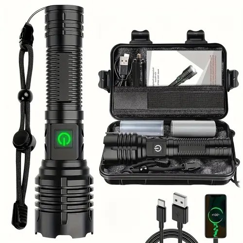 1pc torch rechargeable falshlight high lux bright torch battery powered power zoom adjustable power indicator flashlight for emergency camping