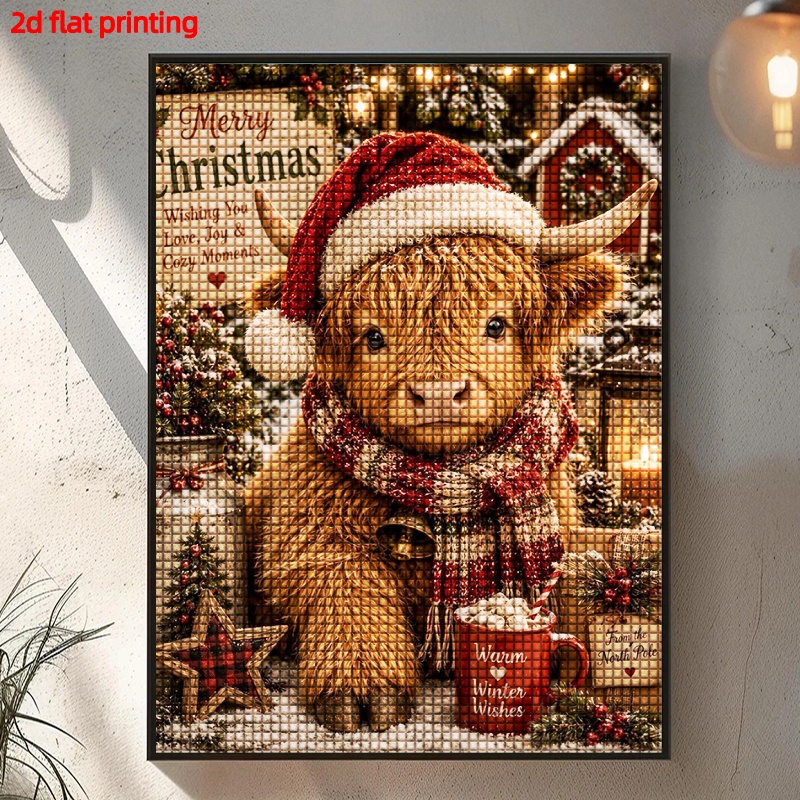 TEMU 2d Flat Printing Round Frameless Adult Diamond Painting, Christmas Highland Cow, Suitable For Decoration, For Birthdays, , Halloween, Christmas,