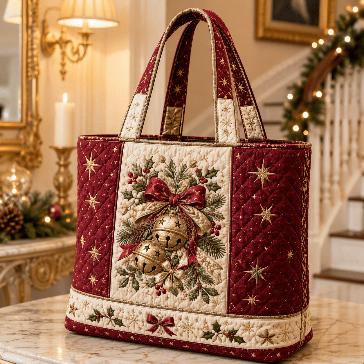 Image of 17 X 15 Inch Women's Quilted Tote Bag Suitable For Travel Work School Gym - Large Capacity Soft Shoulder Bag With & Christmas Pattern, Zipper Closure, Machine Washable, Handbag For Daily Use