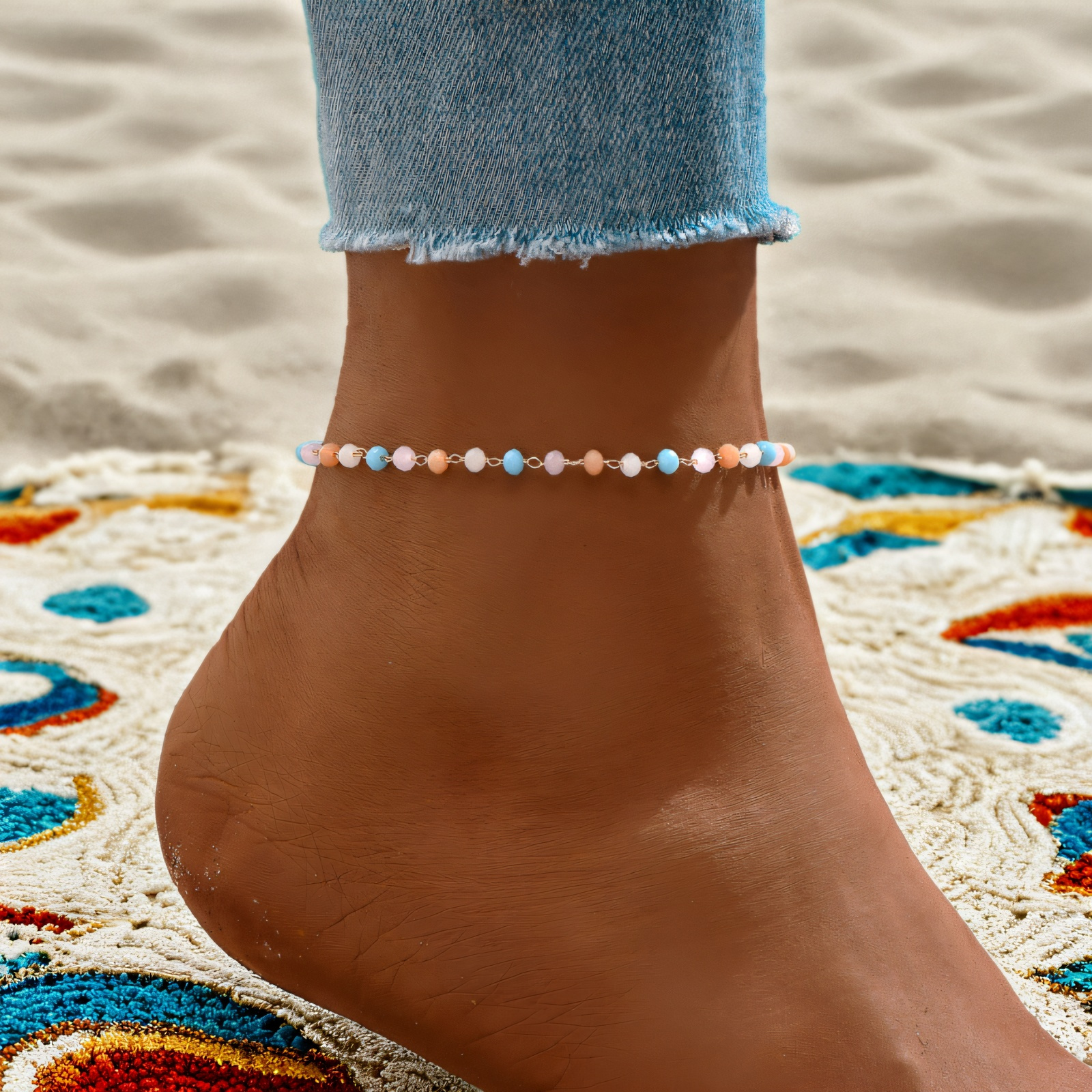 Image of Random Color Rice Beads, 1pc Women's Bohemian Vintage Multicolor Chain Beaded Adjustable Anklet, For Daily Wear, Vacation, And Parties, Valentine's Day Gift, Birthday Gift