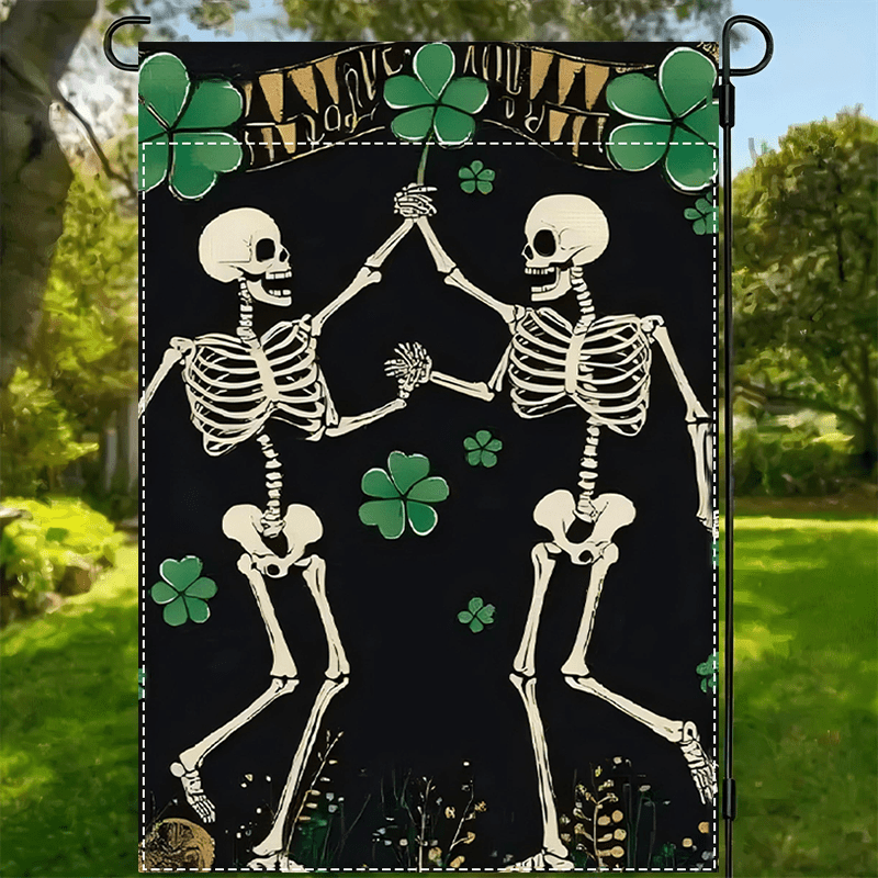 

's Day Skeleton & Shamrock Garden Flag - Double-sided, Weatherproof Outdoor Decor, 12x18 Inches