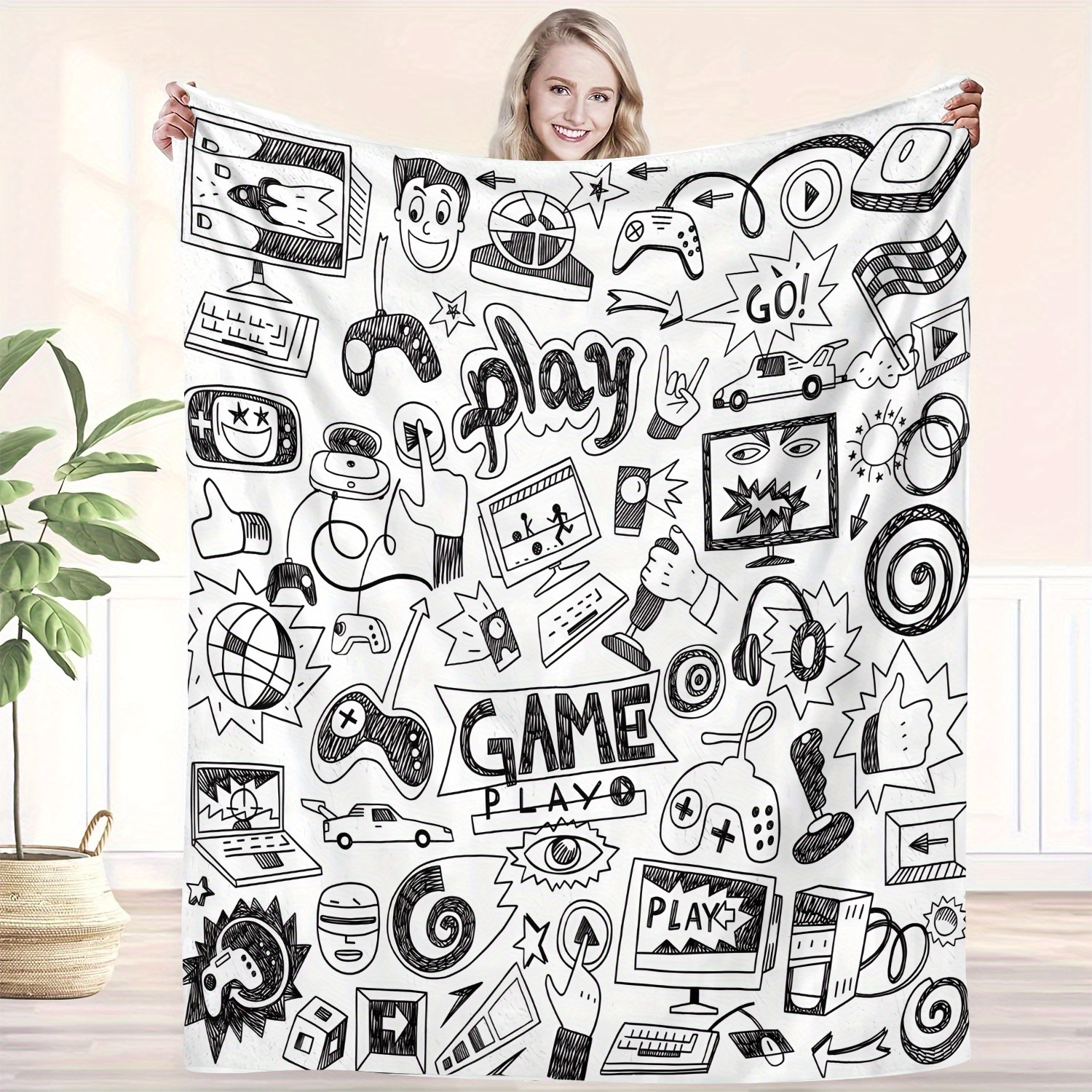 TEMU Game-themed Cozy Flannel Blanket – Soft, With Black & Featuring Game Consoles, Controllers & More – & Gaming Enthusiasts, Gaming Accessories