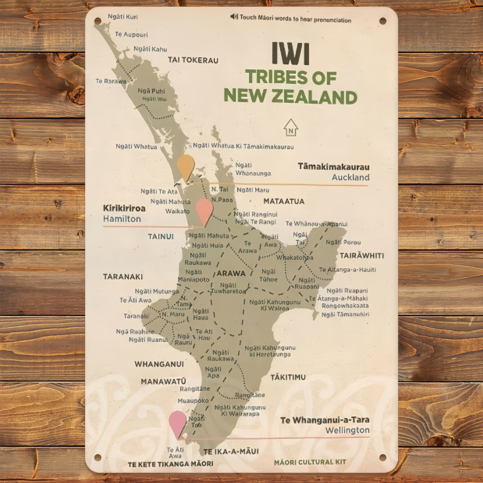 TEMU 2d Flat, 1pc Zealand Maori Tribal Map Wall: 8x12-inch Iron Cultural Logo With Iwi Tribal Region And Maori Language Labels, Pre-drilled For Easy