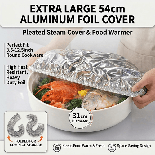 12 pack reusable extra large 54cm aluminum foil food plate covers heat resistant and insulated with adjustable design smooth and reflective surface suitable for kitchen food storage and preservation daily use fits 5 inch plates