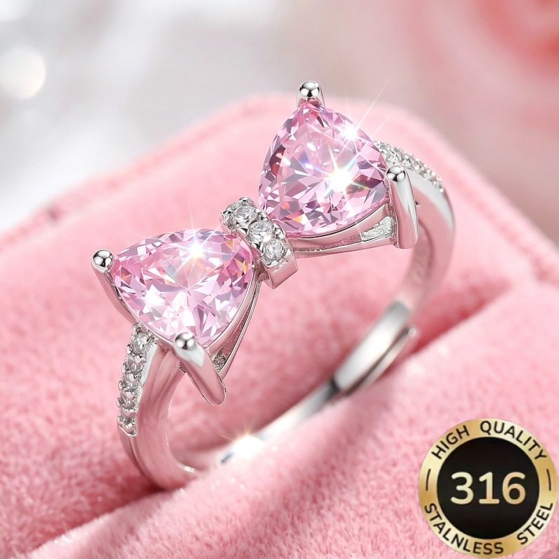 TEMU 1 High-quality Open Adjustable Steel Hypoallergenic Light Luxury Sweet Bow Tie With Pink Heart-shaped Synthetic Zirconia Design Women's Ring