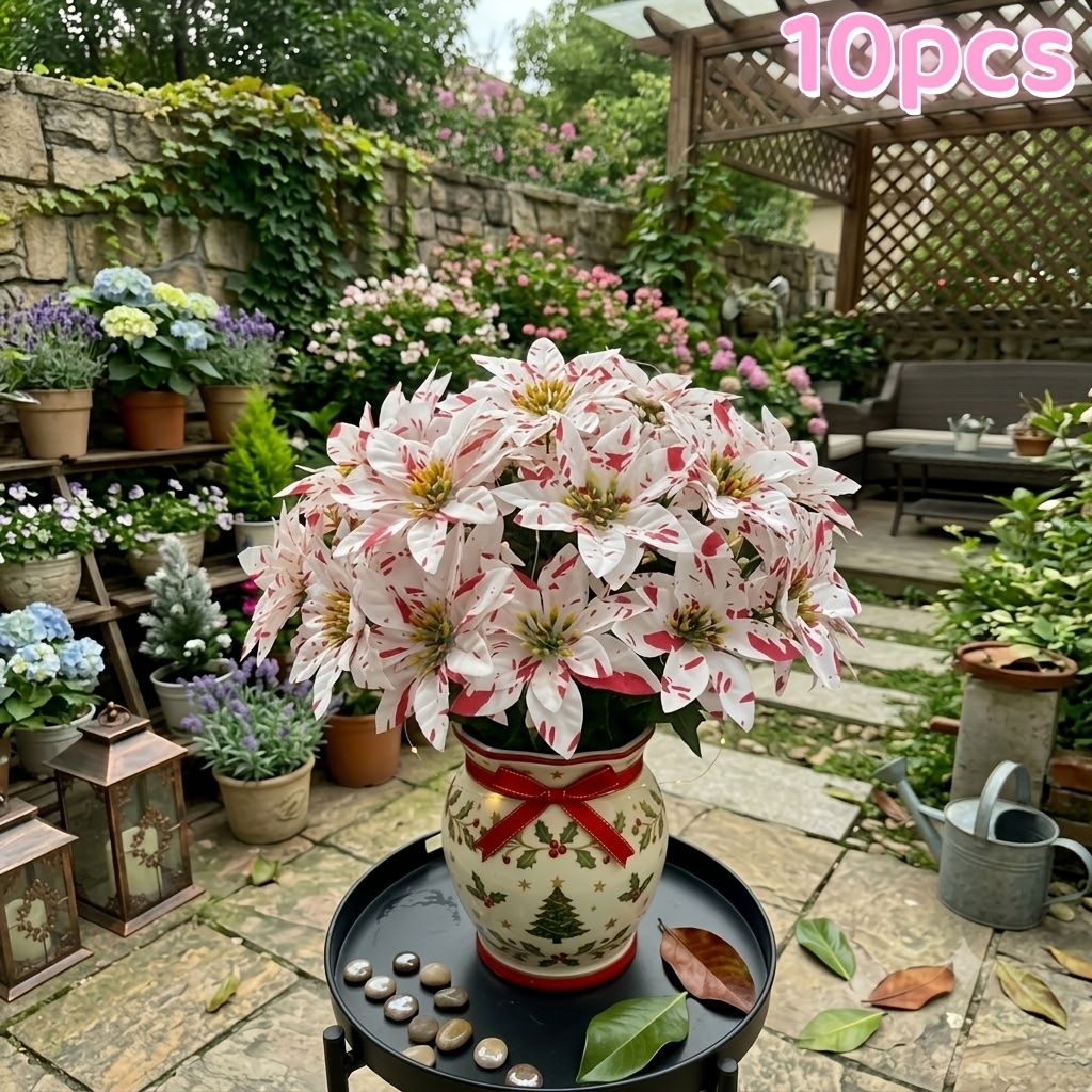 TEMU 10pcs Christmas Red And White Artificial Flower Bouquet Set, Red And White Spotted Exquisite Flowers With Holly Bells And Red Porcelain Vase,