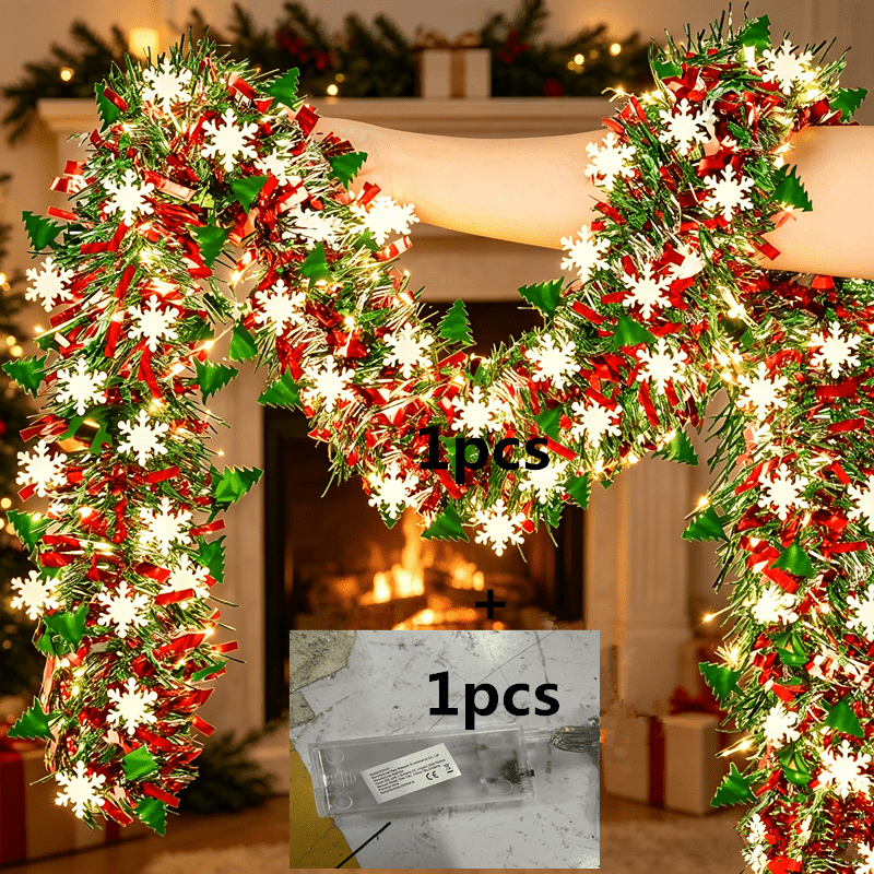 TEMU 2pcs/set (1pc Garland And 1pc Lights) 210cm Christmas Snowflake Tinsel Garland With Led Lights, Christmas Decorations Colorful Lighted Tinsel