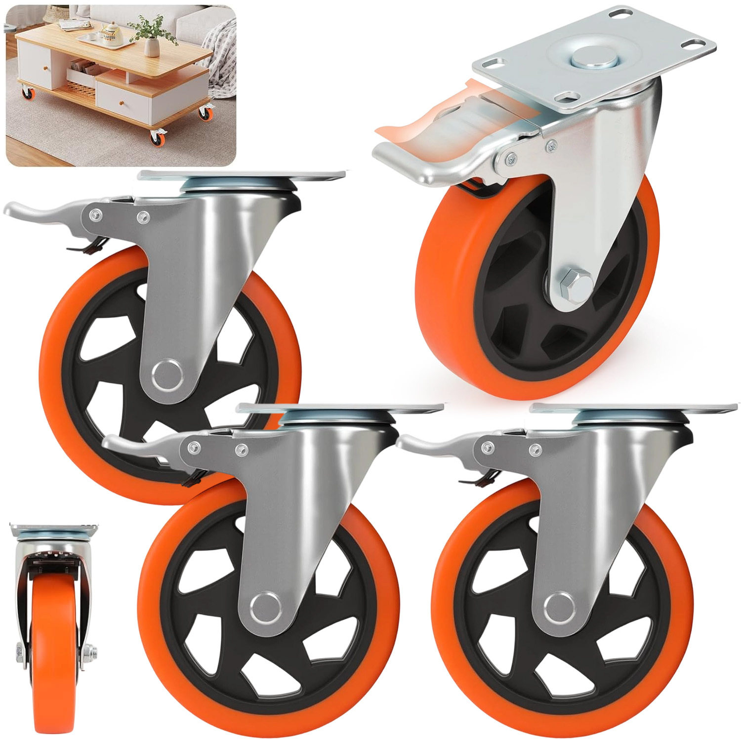 Image of 4 Swivel Casters With Capacity | Diameter Of 100mm, Polyurethane Material, Anikers Brand For Home, Warehouse, Workshop Use