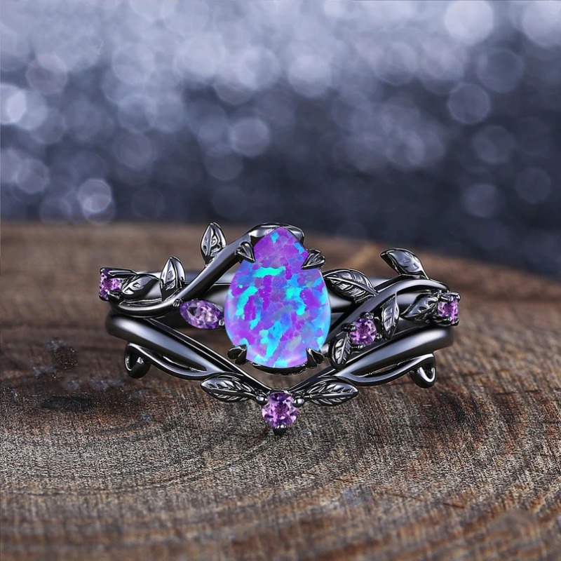 2pcs set vintage purple pear shaped synthetic opal and leaf design gunmetal black ring set   holiday   and casual attire suitable for  