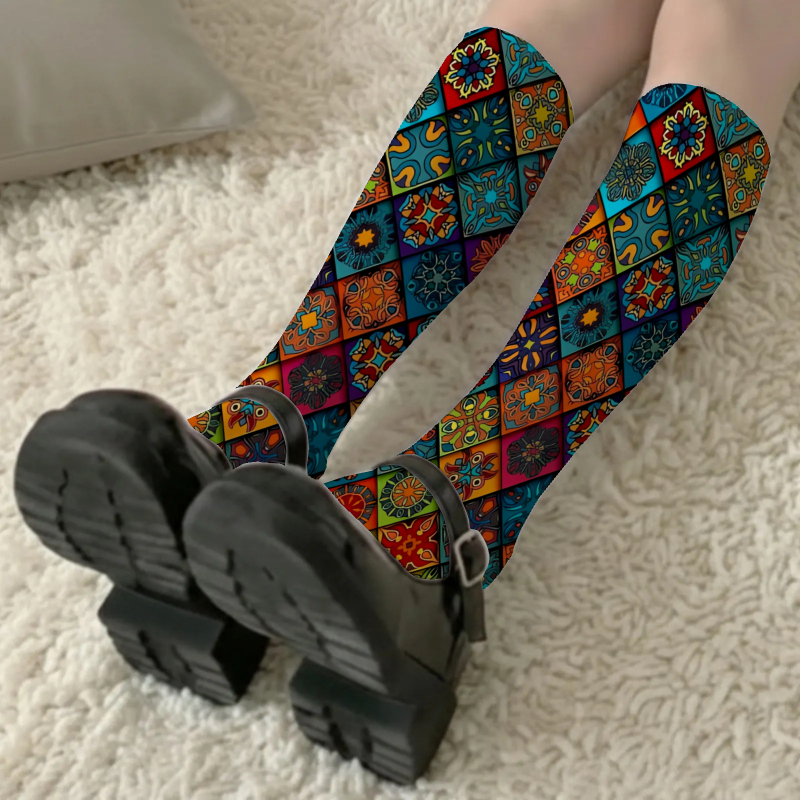 TEMU 1pair Women's Calf Socks With Colorful Geometric Patterns Full Of Exotic Design Patterns, Sexy And Thin Style, Versatile For Going Out, Summer