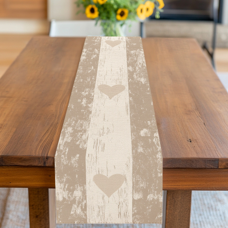 1pc Rustic Table Runner With Beige Heart Pattern, 2d Printing, Suitable For Valentine's Day, Birthday, Wedding, Party, Picnic, Gathering, Perfect For Kitchen And Dining Table Decoration.