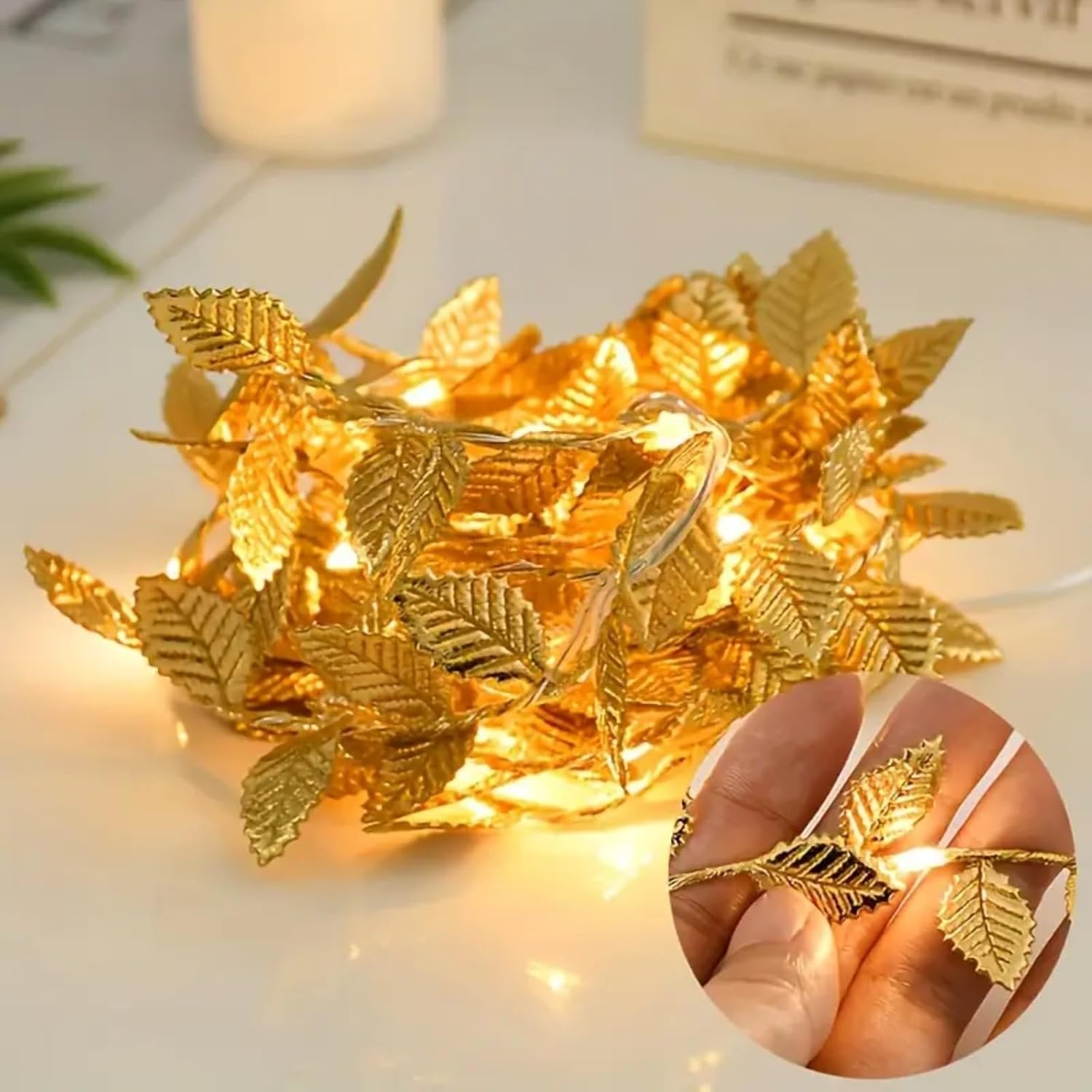 TEMU Set da 1 con 2 pezzi di luci a LED a forma di foglia , 2,2 m/7,22 piedi foglie dorate + 2 m/6,56 piedi luci a LED con scatola a batteria, caldo,