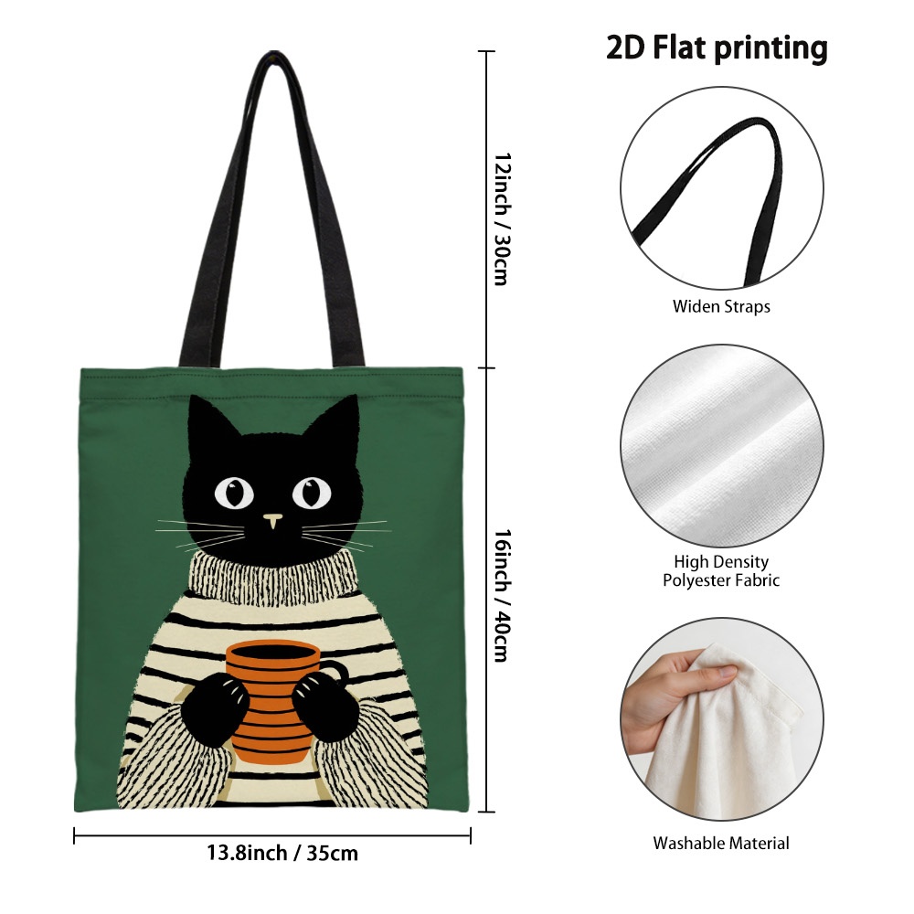 TEMU 【猫のマグカップが可愛い】おしゃれで快適なトートバッグ - 広々とした再利用可能な買い物バッグ、固定ショルラップ付き。仕事、ショッピング、ビーチ旅行に最適。丈夫なポリエステル製。母の日のプレゼントにもおすすめ。