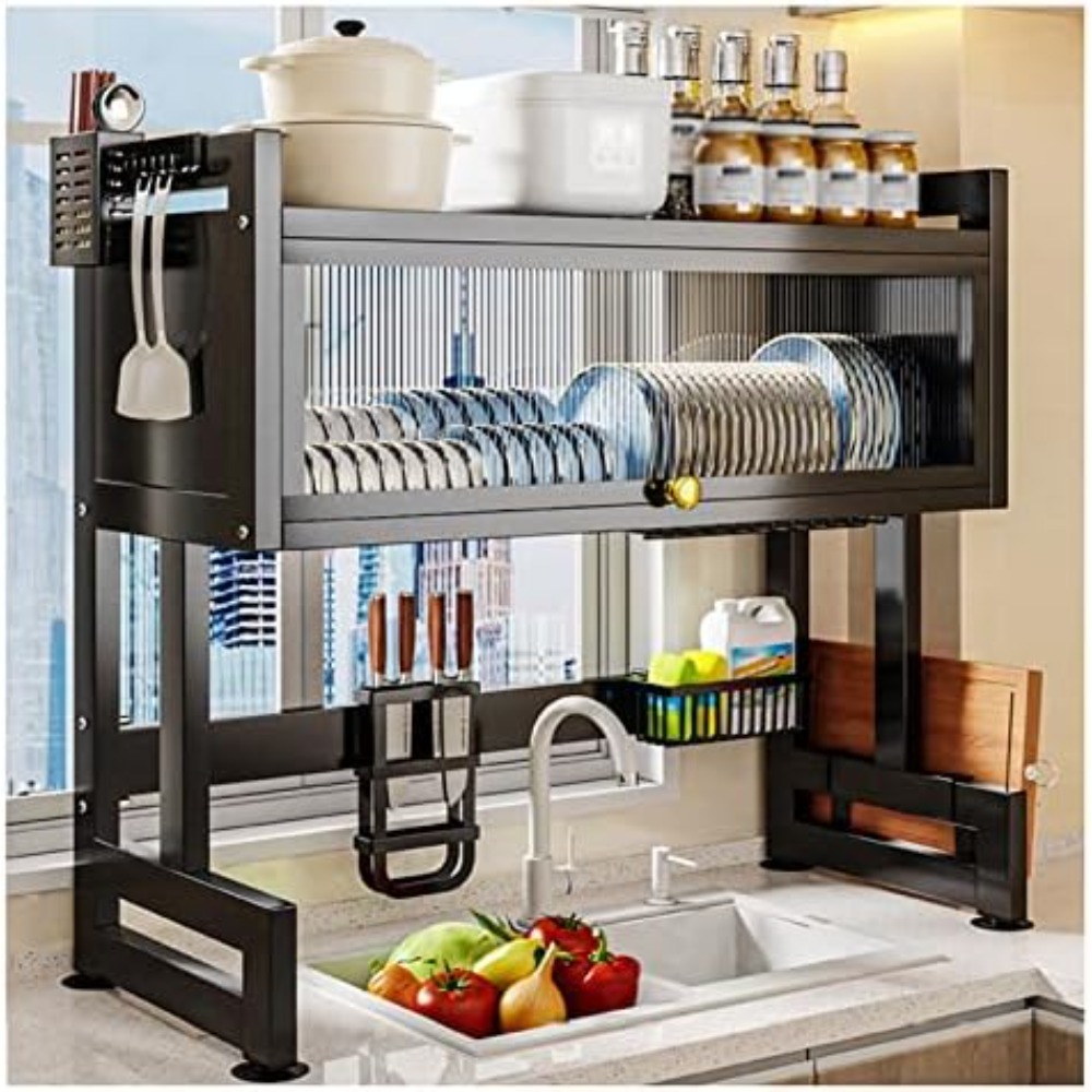 TEMU 2-tier Kitchen Dish Rack With Overhead Cabinet Storage, Hooks And Doors - Space-saving Countertop Draining Solution For Kitchen Organization