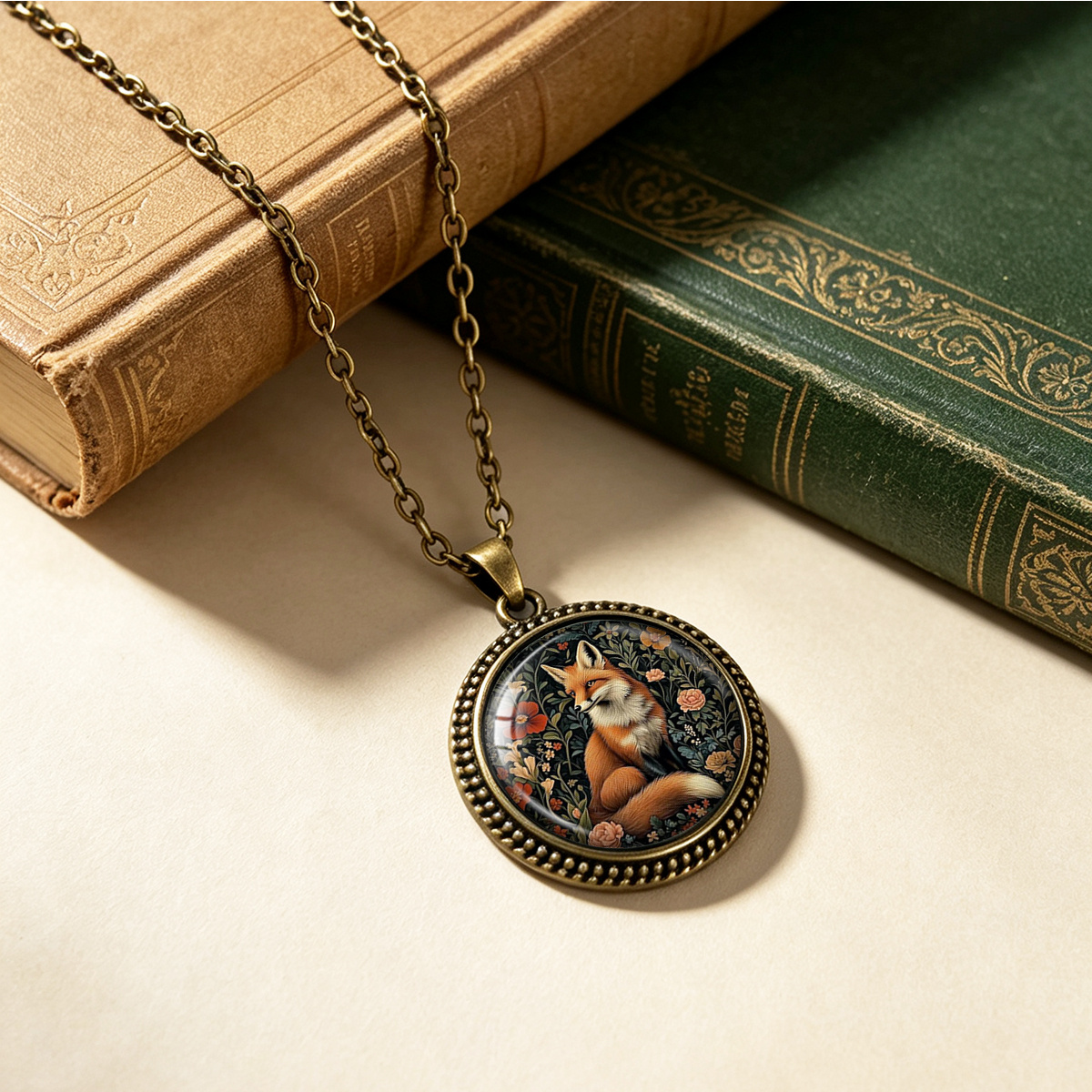 Floral Red Fox Print Pendant Necklace