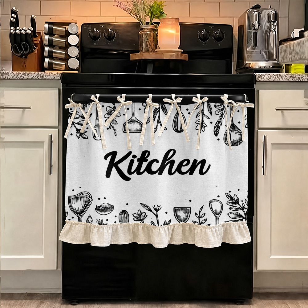 TEMU Farmhouse Style, Kitchen Appliance Cover, Multifunctional Oven Protective Curtain, Black And White Botanical Illustration With Hem, Fabric, Home