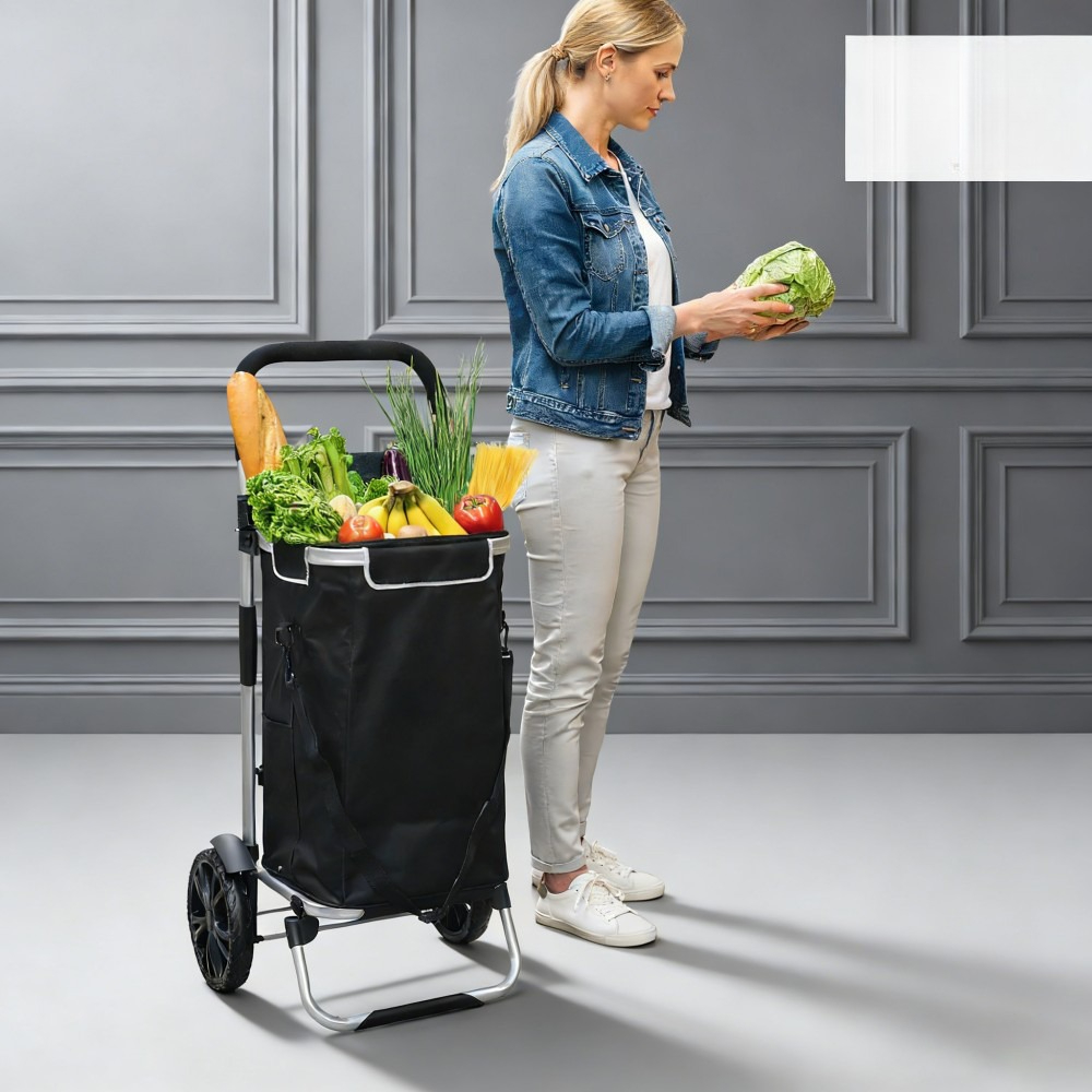Black 3-in-1 Foldable Shopping Trolley 40l - Supports 25kg, With Cooler Compartment, Stair Climber, Convertible To Backpack/ Sack Truck