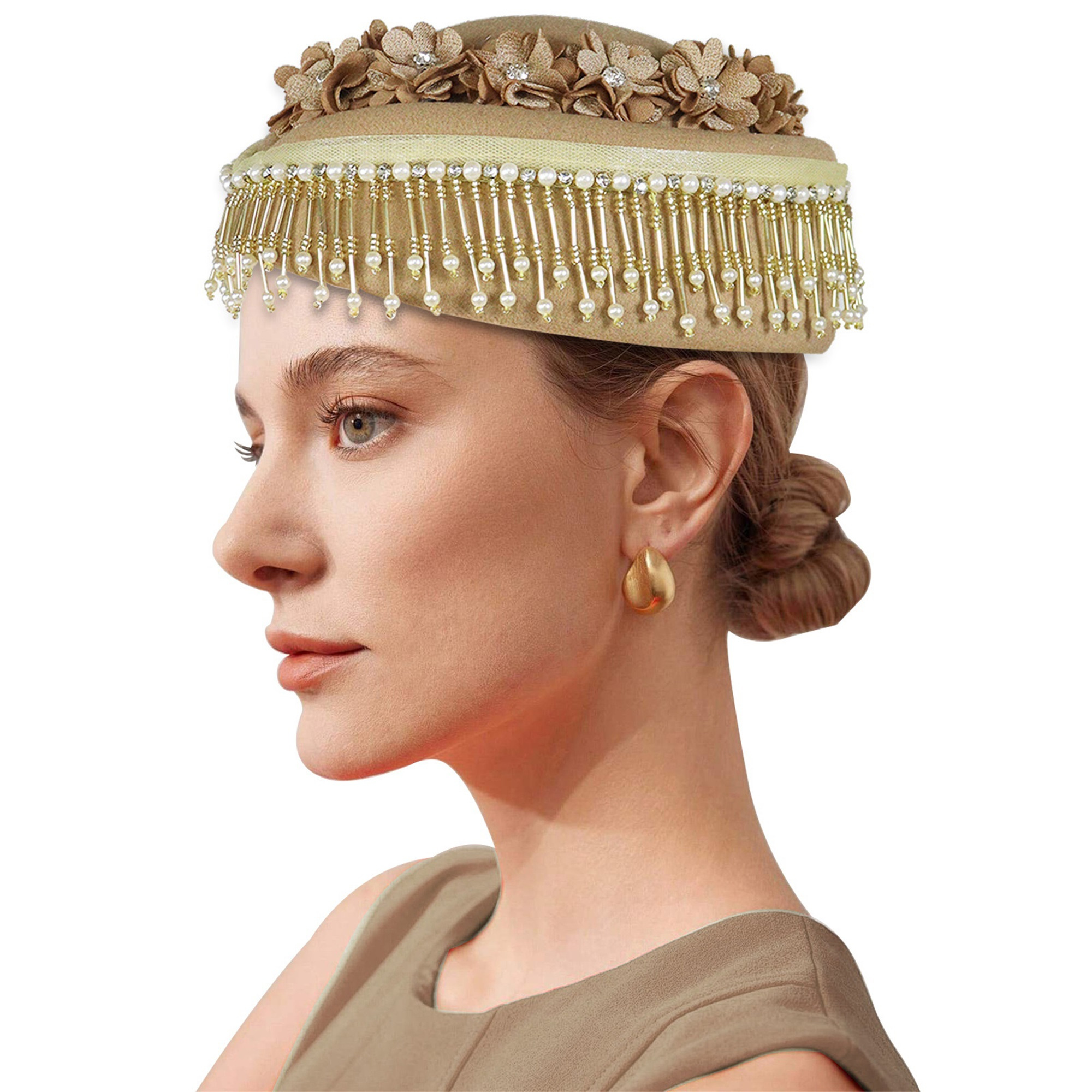 Vintage Gold Women\'s Hat with Floral Accent Vintage Ladies Hat Brooch With Floral Accents | eBay main image 4