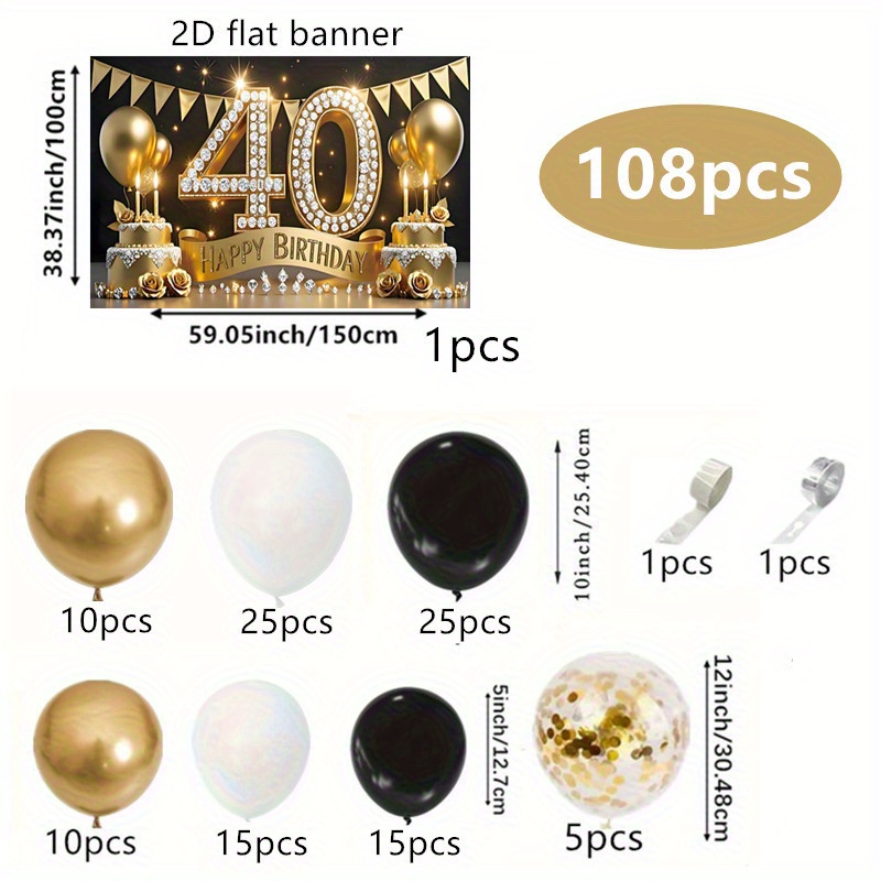 108pcs Different Size Black White Golden Garland Arch Kit With 2d Flat "40th Happy Birthday" Background Banner For Women Men 40th Birthday Party Scene And Room Decoration Supplies, 2d Flat