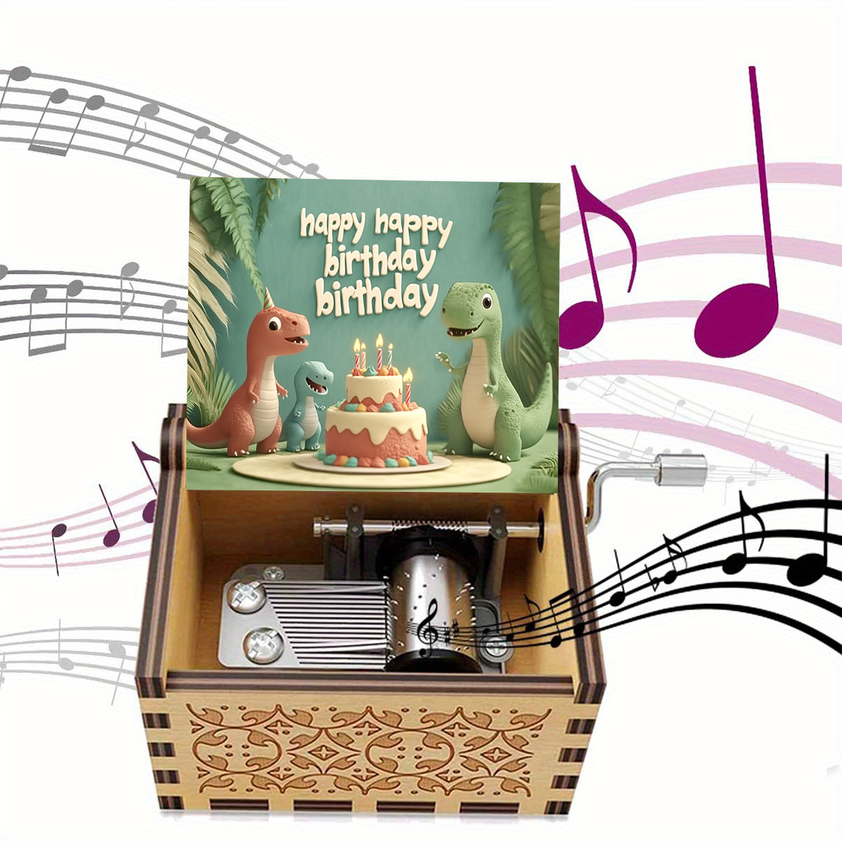 TEMU 1 Wooden Music Box With A Dinosaur Birthday Design, Hand-cranked Sound, A Decorative Gift For Birthday Celebrations