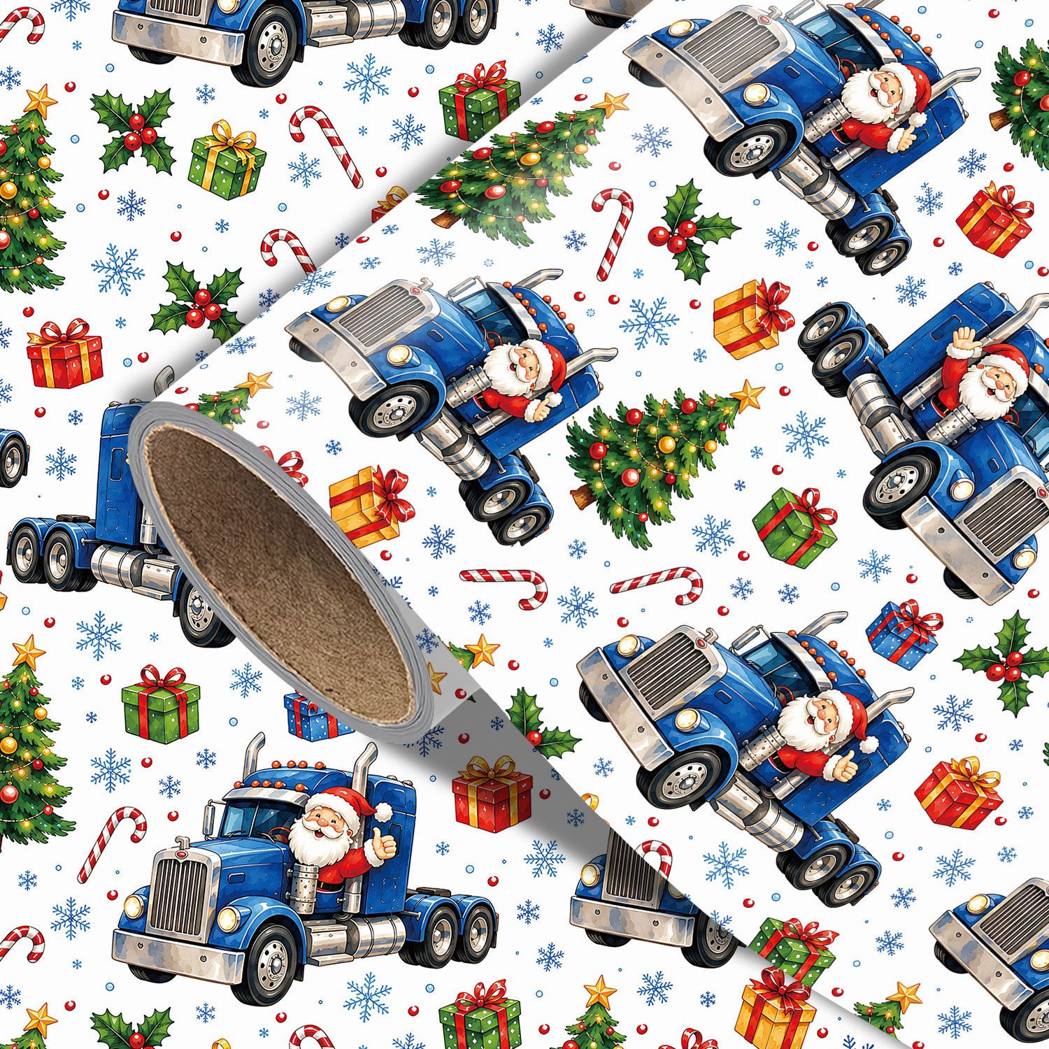 TEMU 1 Rouleau de de Noël pour Cadeaux de Noël, Camions Semi-Remorques Vintage, Père Noël, de Neige et en Sucre - Impression Simple Face avec Rétro
