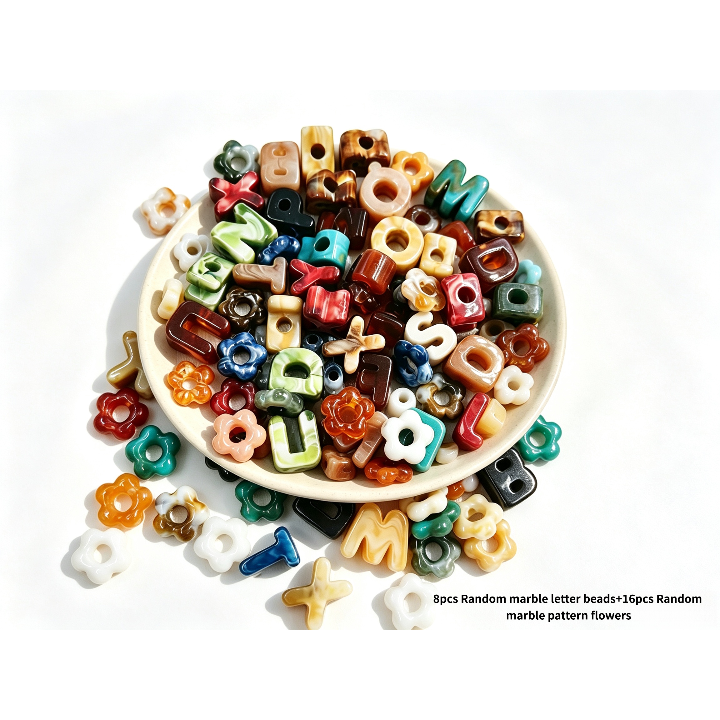 TEMU 24pcs Alphabet Bead And Flower Set, Mixed Marble-pattern Alphabet Beads And Flowers, Paracord Bead Charms And Keychain Charms, Colorful Craft