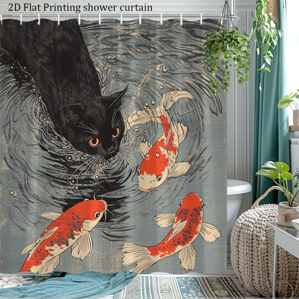 TEMU Rideau de Douche Plat 2D, [Impression Plate 2D] 1 pièce, Rideau de Bain Décoratif pour Salle de Bain avec Abstraite de Chat Vintage et Koï,