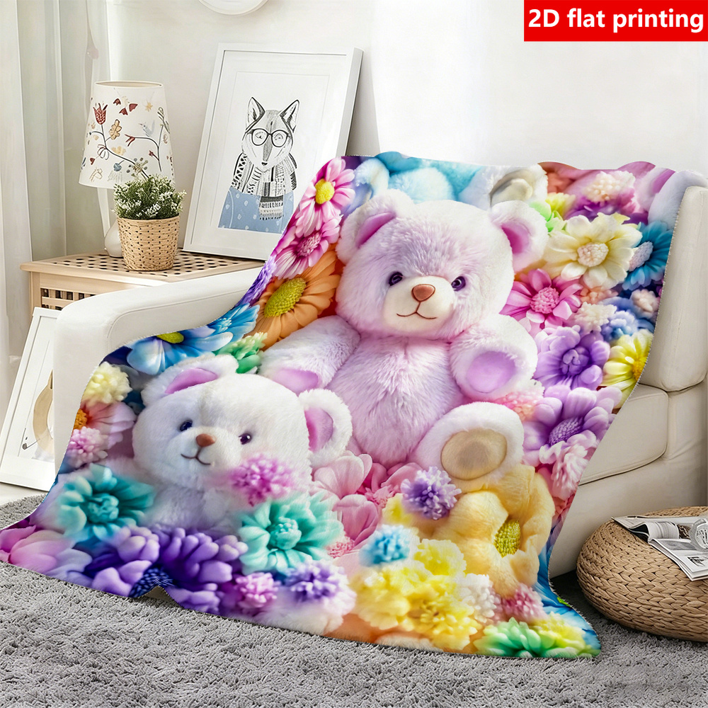 Macaron Colored Bear Floral Flannel Blanket
