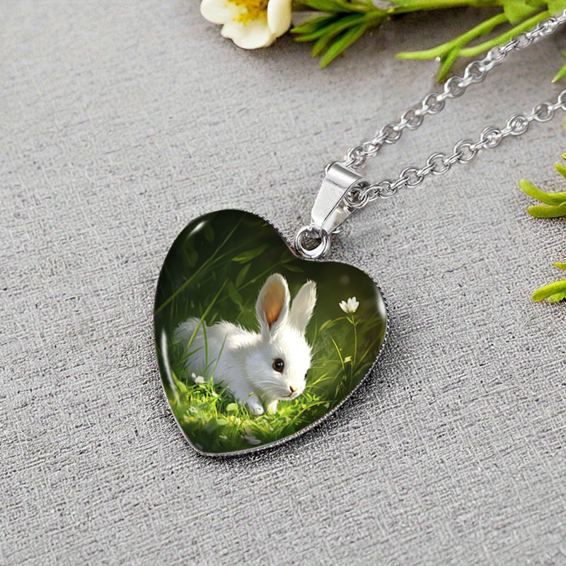 TEMU 1pc Grass White Rabbit Heart Shaped Necklace Glass Dome Penddant Handmade Men's Jewelry