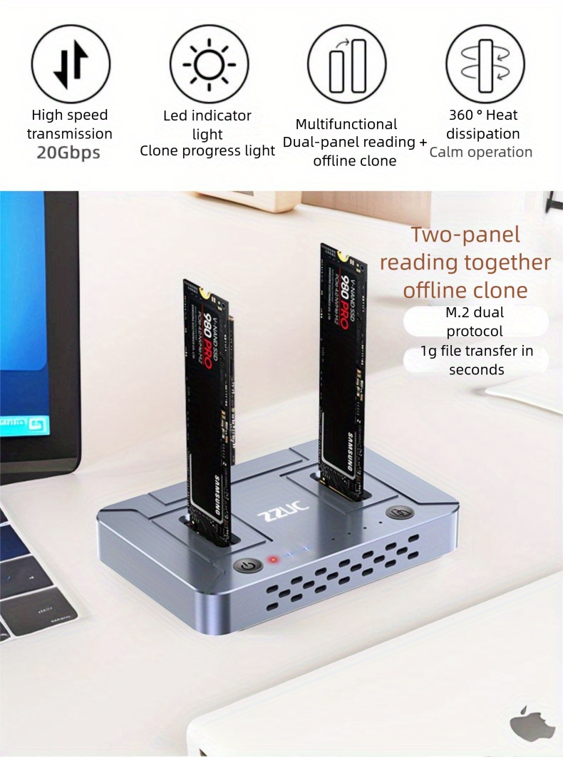 estación de clonación de disco dual zvx usb3.2 nvme/sata - transferencia de   en línea rápida,   cambio, ideal para uso en   y regalo,   de almacenamiento externo, eficiencia en   | estación de clonación moderna | calidad de construcción  , clonador de unidades de disco detalles 1