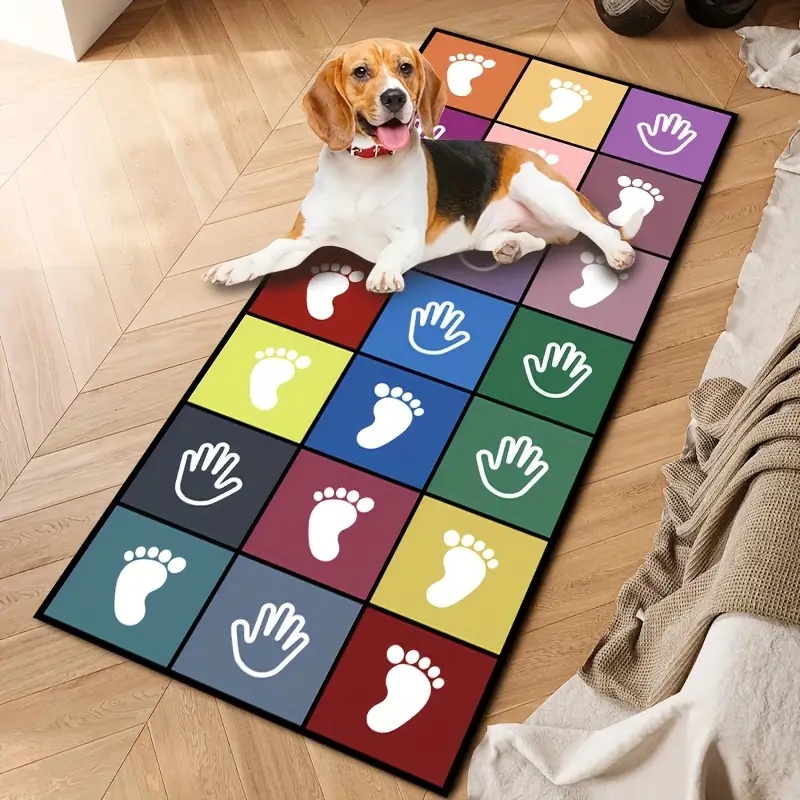 TEMU 1pc Colorful Footprint Handprint Pattern Printed Long Strip Mat, Nordic Style Mat, Gift, Suitable For Living Room, Bedroom, Laundry Room, Dining
