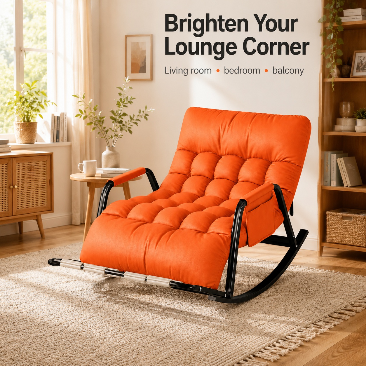 Image of Reclining Loveseat In Orange Pu Leather, Perfect For Afternoon , Book Reading, And Tv Relaxation, With Manual Recline And Footrest For 2 Adults