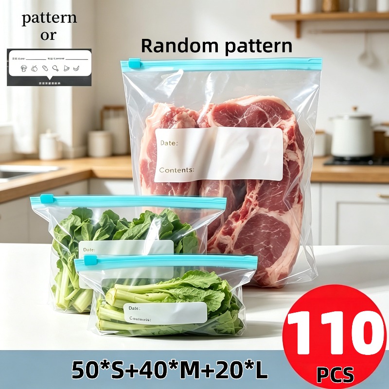 TEMU 110pcs Reusable Bag Set, Kitchen Essential Sealed Bags, 3 Sizes Of Sealed Bags, Food Classification Storage Bags, Food Preservation Sealed Bags,