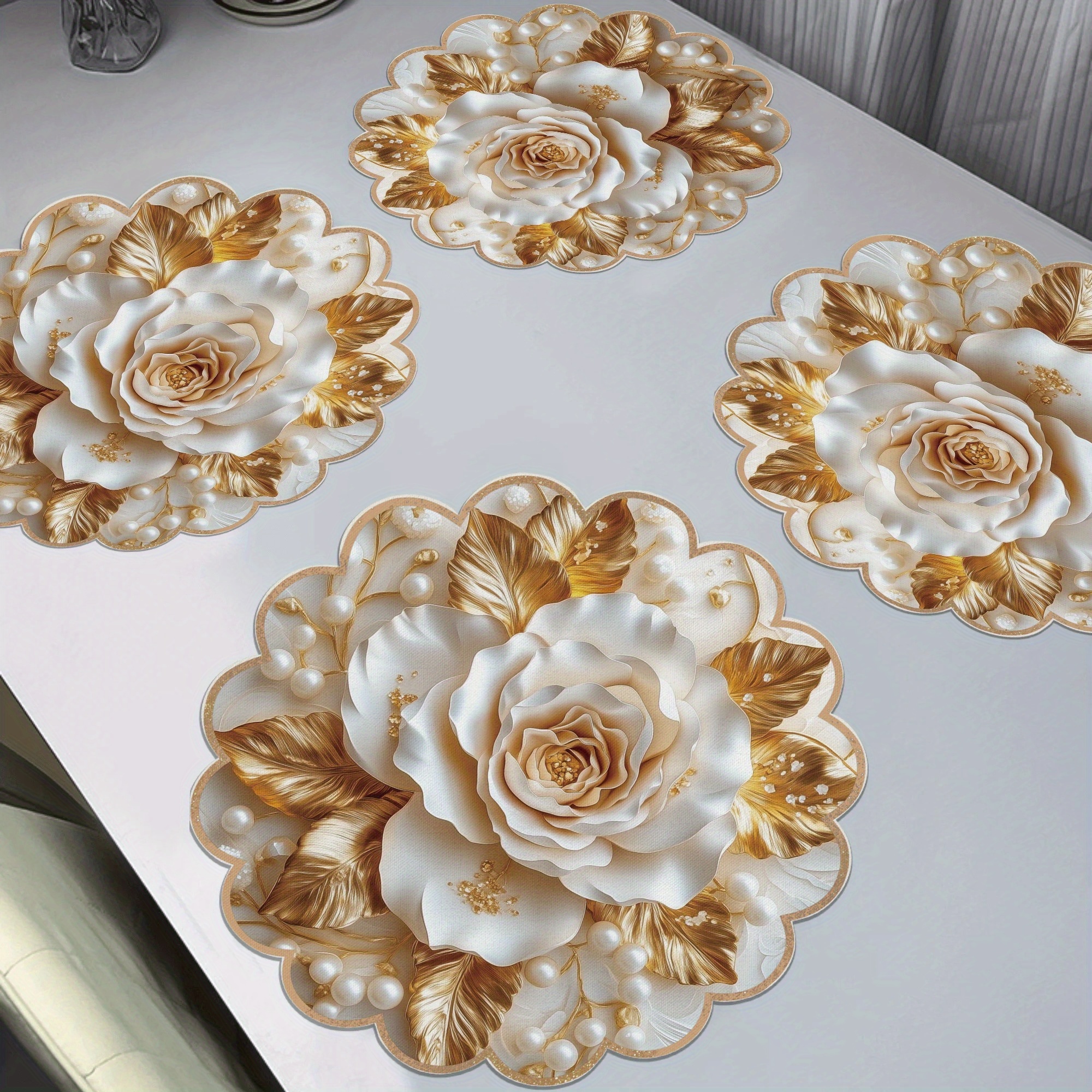 

4-pack Golden Rose Pattern Round Placemats - Woven Polyester, Non-slip, Heat Resistant, Hand Wash, Decorative Table Mats For Dining & Parties, 15