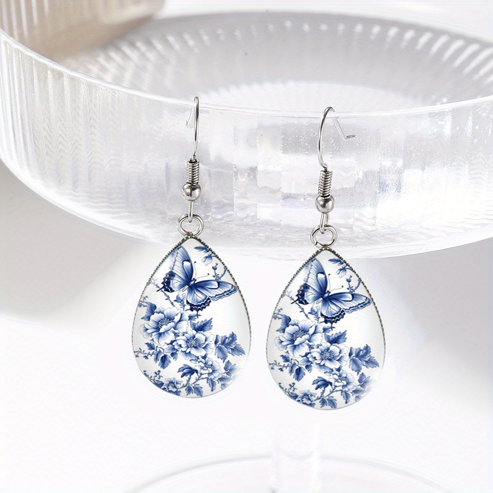 TEMU 1 Pair Elegant Blue And White Floral Water Drop Earrings Handmade Glass Ear Stud Jewelry