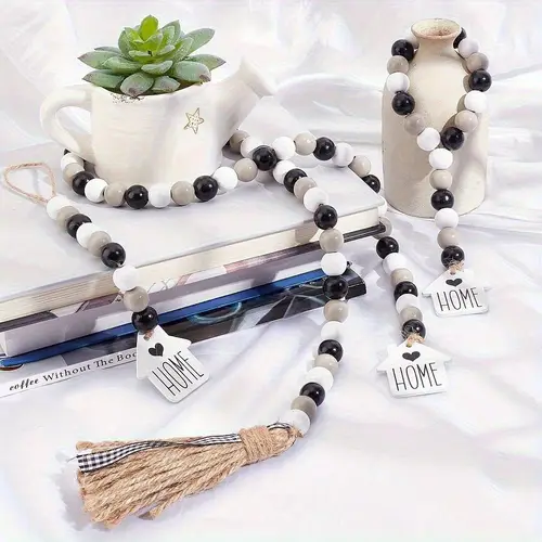 2pcs 2 style wooden beaded garland helm ocean theme handmade craft farmhouse beads decoration with tassel garlands for wall hanging home christmas theme boho decor